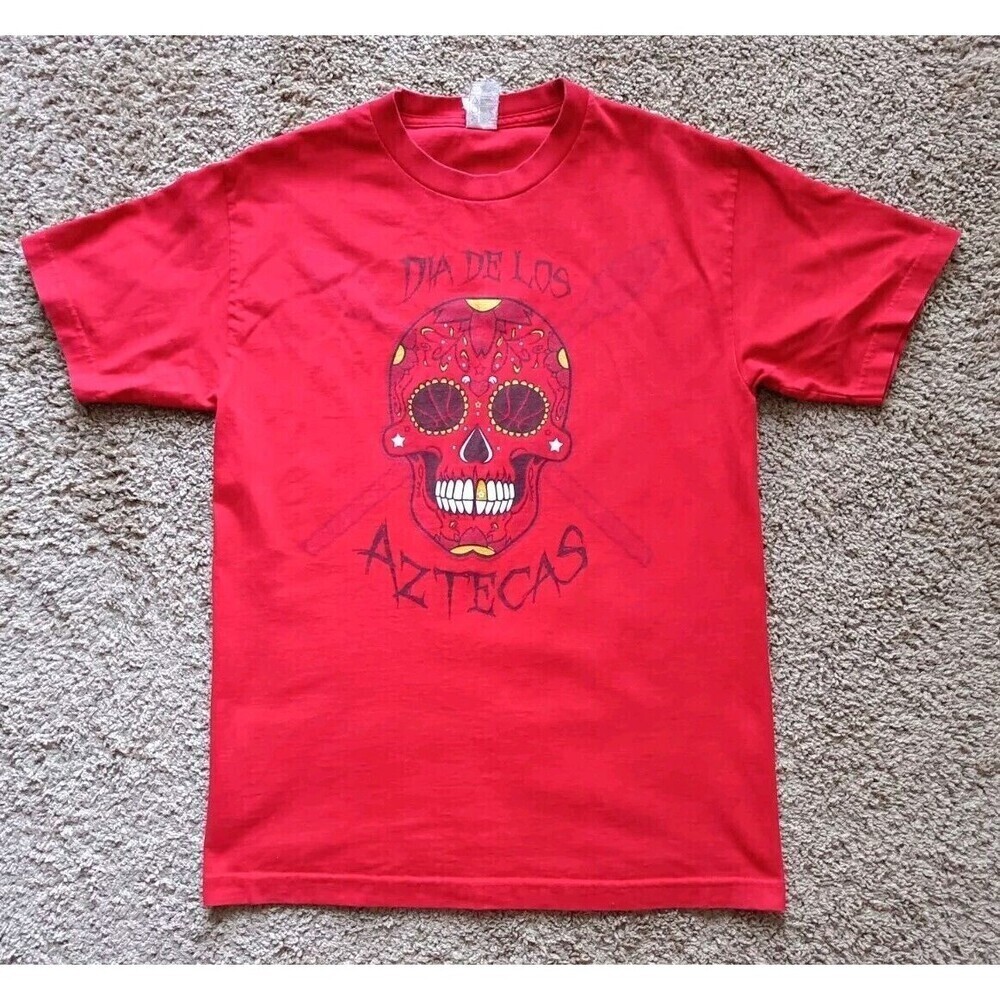 Dia De Los Aztecas T-Shirt Men's Size Medium Skull Graphic Red Short Sleeve